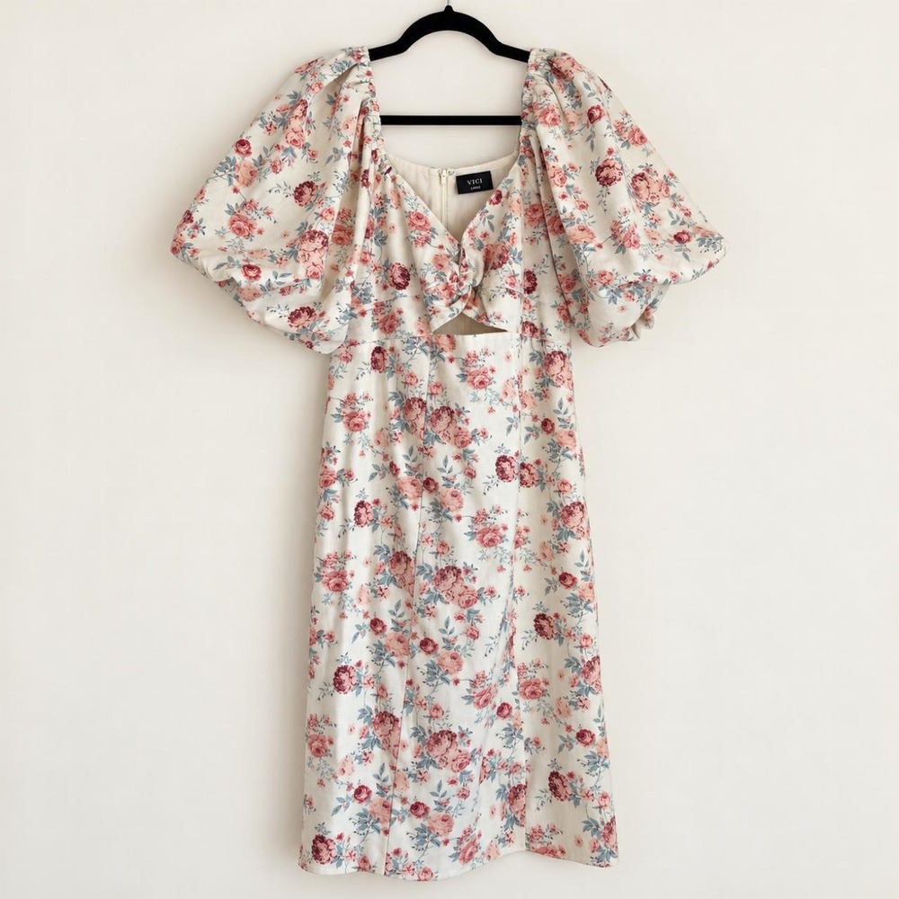 VICI Cream Floral Puff Sleeve Cutout Midi Dress — Large